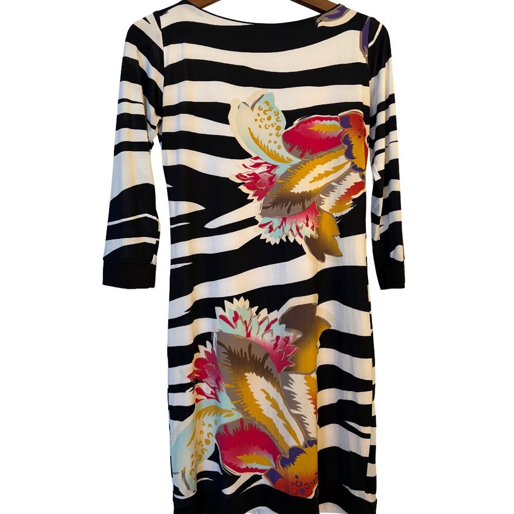 Analili Black & White Striped Floral Dress 3/4 Sleeve – Size Medium